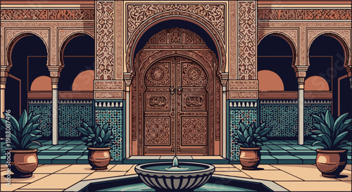 Ornate arched doorway and tiled courtyard with potted plants and fountain