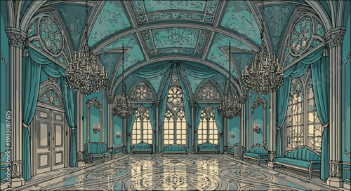 Ornate teal ballroom with chandeliers and tall gothic windows
