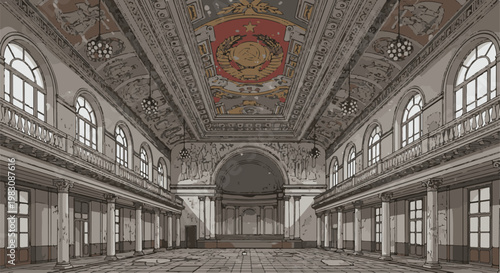 Ornate Soviet-era hall with vaulted ceiling and stage
