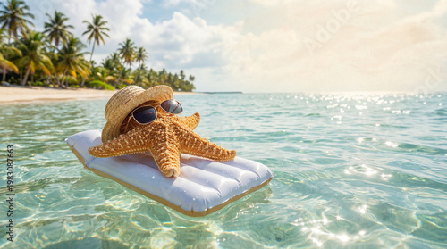Starfish relaxing on inflatable mattress in tropical water. Summer vacation concept