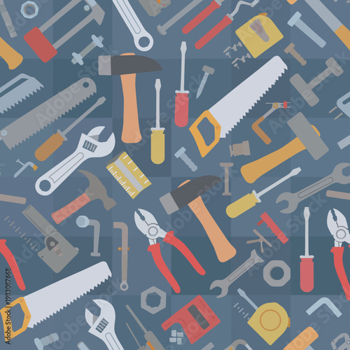 Seamless pattern of various essential hand tools like wrenches, hammers, and saws. Perfect background for DIY projects, home repair, construction, or industrial concepts