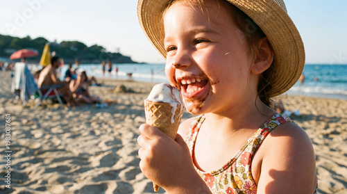 Happy little girl is  eating ice cream in a waffle cup on sandy beach