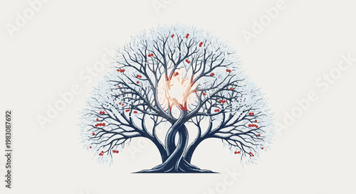 Stylized winter tree with red berries and a glowing center
