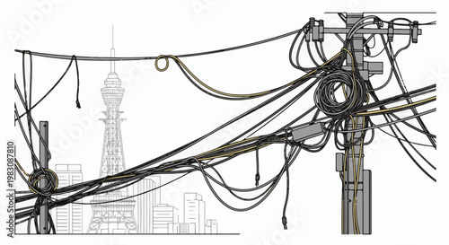Urban power lines tangle in front of a distant, skeletal city skyline