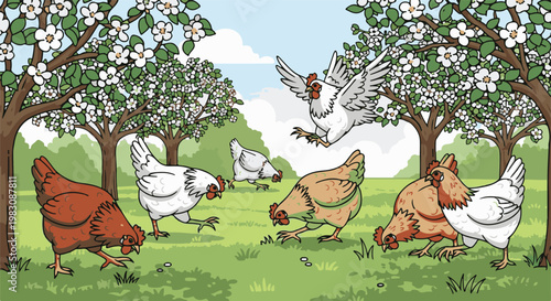 Chickens foraging in a blooming orchard with lush green grass and trees