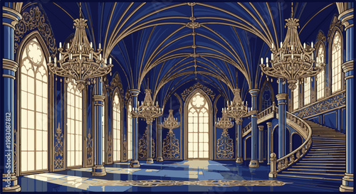 Pixelated gothic ballroom with ornate chandeliers and grand staircase