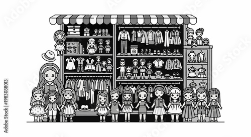 A charming, monochrome illustration of a playful clothing store display featuring dolls and apparel