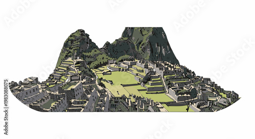 Ancient stone city nestled within lush green mountains, terraced