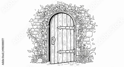 An arched wooden door is framed by overgrown vines on a brick wall