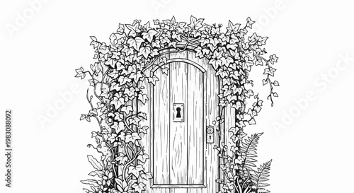 An arched wooden door, covered in lush ivy and ferns, awaits entry