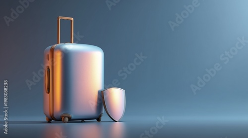 Travel Suitcase with Protective Shield on Glossy Surface Symbolizing Security and Insurance Concept in Modern Minimal Setting