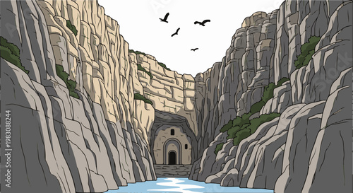 A narrow gorge with a river flowing through, leading to a carved facade