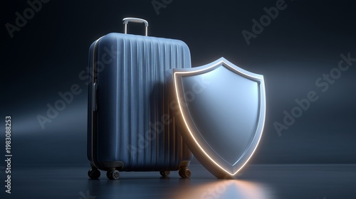Travel Luggage Suitcase Next to Protective Shield Symbolizing Travel Insurance Security and Safety Concept on Dark Background