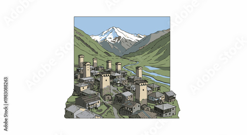 A picturesque mountain village with ancient stone towers and houses nestled in a valley