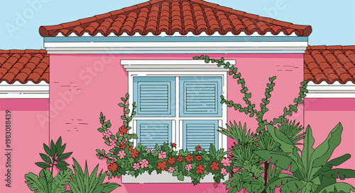 A pink house with red tiled roof and window box overflowing with plants and flowers