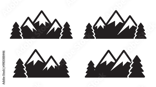 Mountain Range Silhouette Icons With Pine Trees For Nature And Travel Concepts