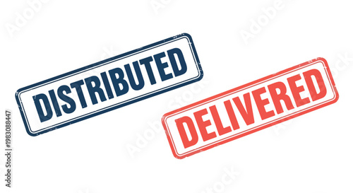 Distributed and delivered stamps in bold red and blue ink showing logistics and shipping concepts