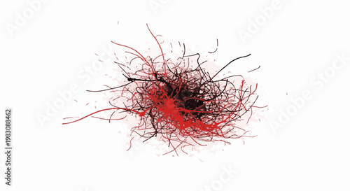 Abstract explosion of red and black tangled lines on white background