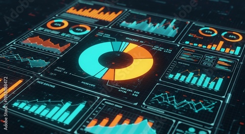 neon lit data dashboard with graphs and charts