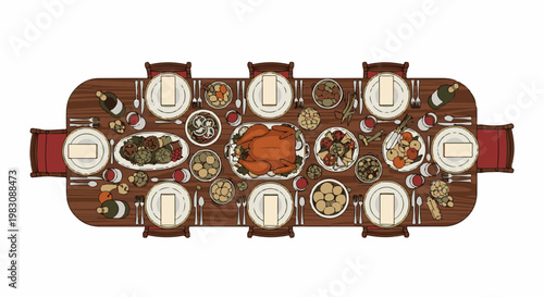 A festive, overhead view of a long, wooden dining table laden with a grand feast