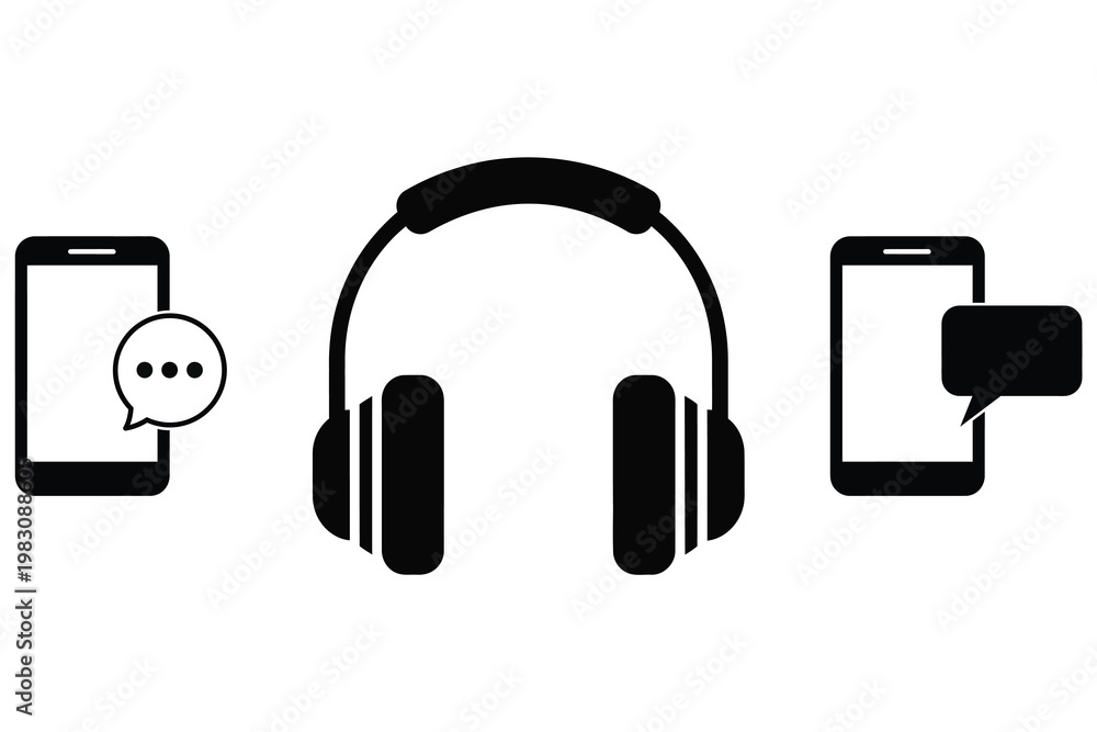 Obraz premium Communication and Audio Equipment Icon Set with Headphones and Mobile Phone Chat Bubbles