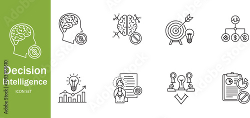 Decision Intelligence and Strategic Business Analysis Line Icon Set: Financial Planning, Data-Driven Insights, Brain Mindset, and Goal Achievement Symbols