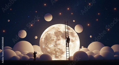 person climbing ladder to giant moon surrounded by clouds and stars