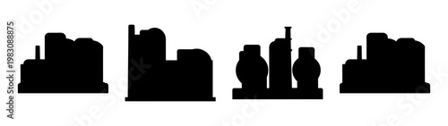 silhouette of oil refinery or gas plant at dusk with industrial towers and tanks