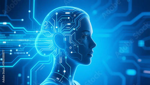 Big data and artificial intelligence concept. Machine learning and cyber mind domination concept in form of women face outline outline with circuit board and binary data flow on blue background