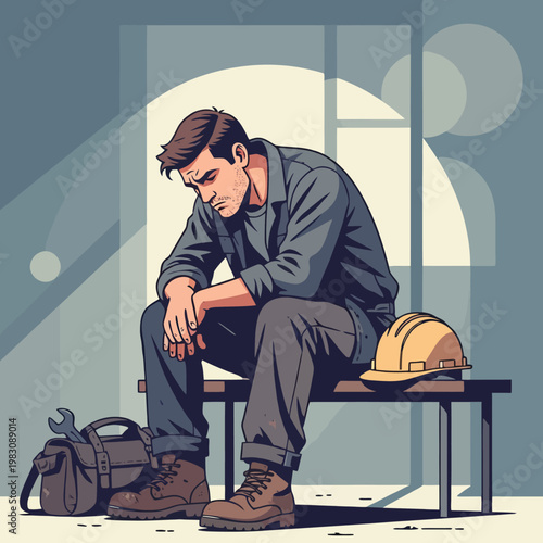 Sad construction worker sitting on a bench with tools and hard hat