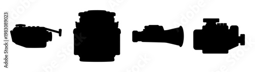 set of black retro film cameras isolated on white background