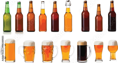Beer Bottles and Glasses Collection with Various Lager and Ale Drinks for Brewery, Bar Menu Design, Alcohol Beverage Illustration, and Drink Presentation