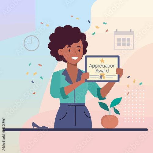 Celebration of achievement Woman proudly holding an appreciation award certificate with confetti and a calendar in the background, symbolizing recognition and success