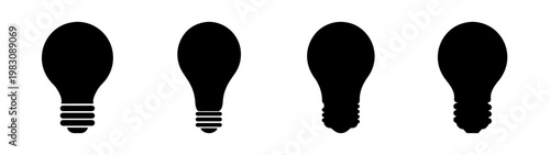 Four black light bulb icons evolving from idea to illumination on white background
