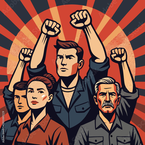 Revolutionary people raising fists in unity and solidarity against oppressive regime