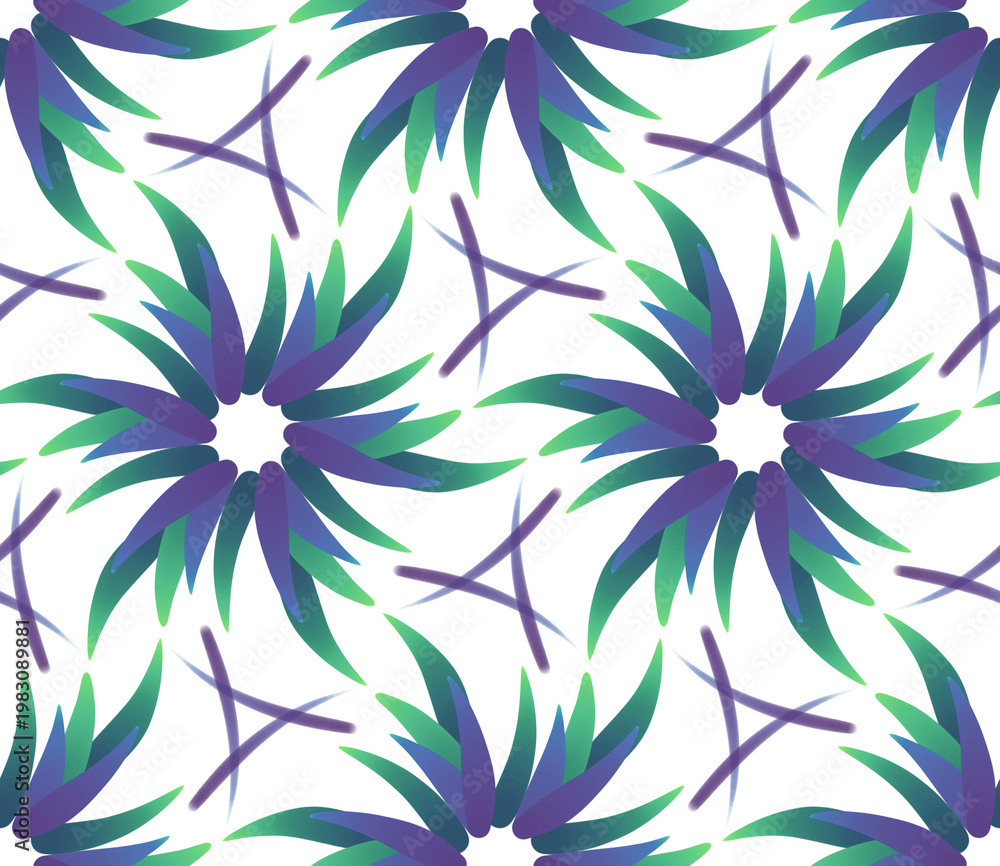 Fototapeta premium Seamless abstract purple and green radial floral pattern with symmetrical strokes on white background for textile design