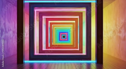 Vibrant neon square art installation in modern room