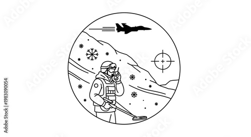 Soldier with metal detector in snowy mountains, jet fighter overhead, target reticle
