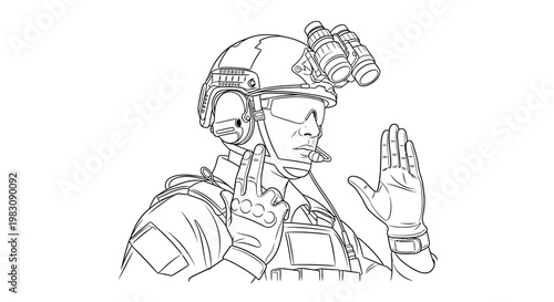 Soldier with night vision goggles and tactical gear signaling halt