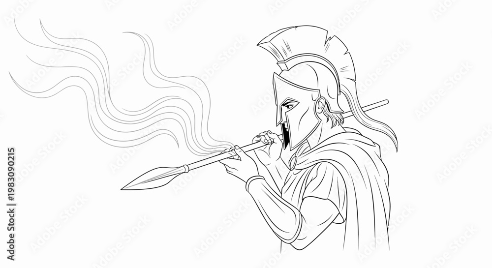 Obraz premium Spartan Warrior Blowing Spear Fire Smoke Ancient Greek Soldier Helmet Battle