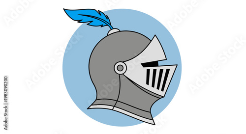 Cartoon Knight Helmet with Blue Feather Illustration