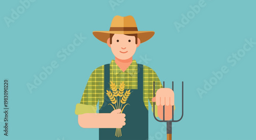 Farmer holding wheat and pitchfork with a smile