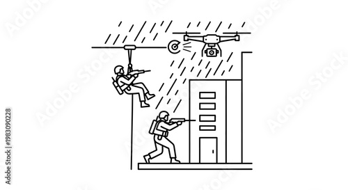 Special forces drone surveillance and tactical operation in rainy urban environment