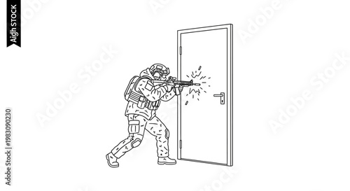 Special Forces Soldier Breaching Door with Assault Rifle
