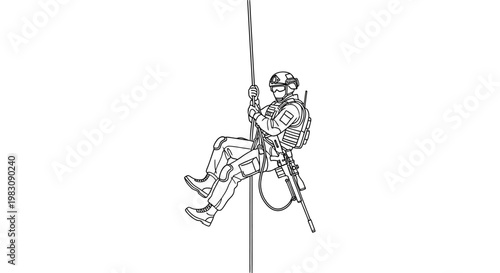 Special Forces Soldier Rappelling Down Rope, Tactical Gear, Military Training, Action