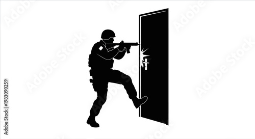 Special Forces Soldier Kicking Open Door with Rifle Ready