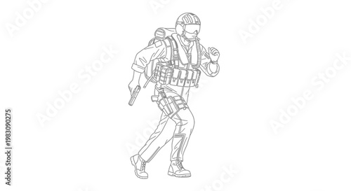 Special Forces Soldier Running with Gun, Tactical Gear, Military Action Illustration