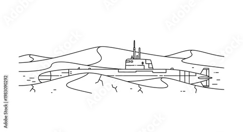 Submarine navigating through desert landscape, surreal concept art, line drawing