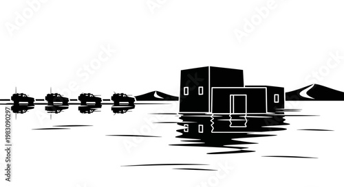 Surreal Desert Landscape with Flooded Buildings and Cars