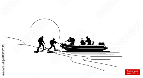 Special Forces Team Landing on Shore from Inflatable Boat with Rifles